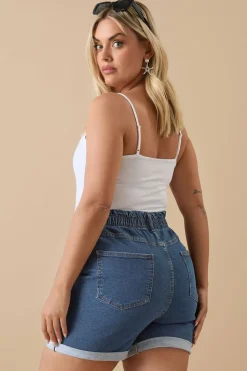 Yours Curve Mid Blue Elasticated Waist Turn Up Denim Shorts