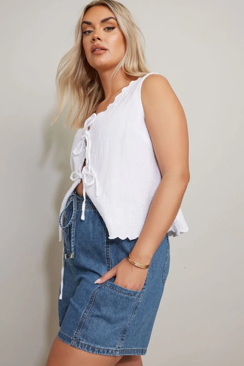 Yours Curve Mid Blue Tie Waist Denim Shorts