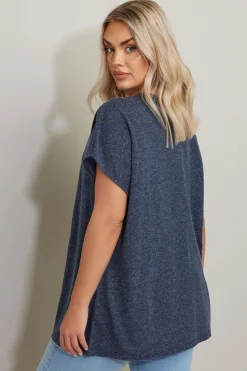 Yours Curve Navy Blue Linen Marl Tie Front Top