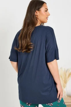 Yours Curve Navy Blue Ribbed Soft Touch Pyjama Top