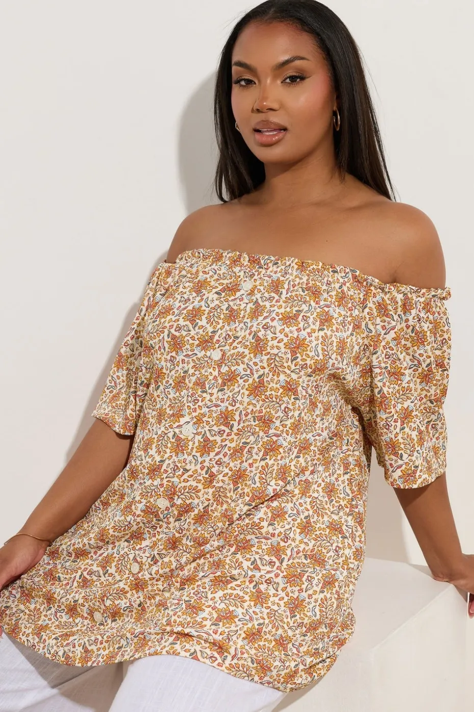 Yours Curve Orange Textured Leaf Print Bardot Top