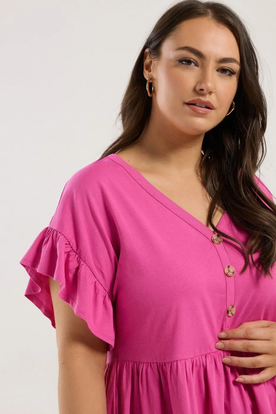 Yours Curve Pink Button Frill Sleeve Peplum Top