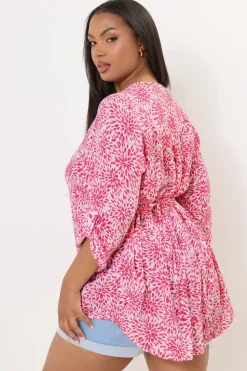 Yours Curve Pink Floral Print Pintuck Blouse
