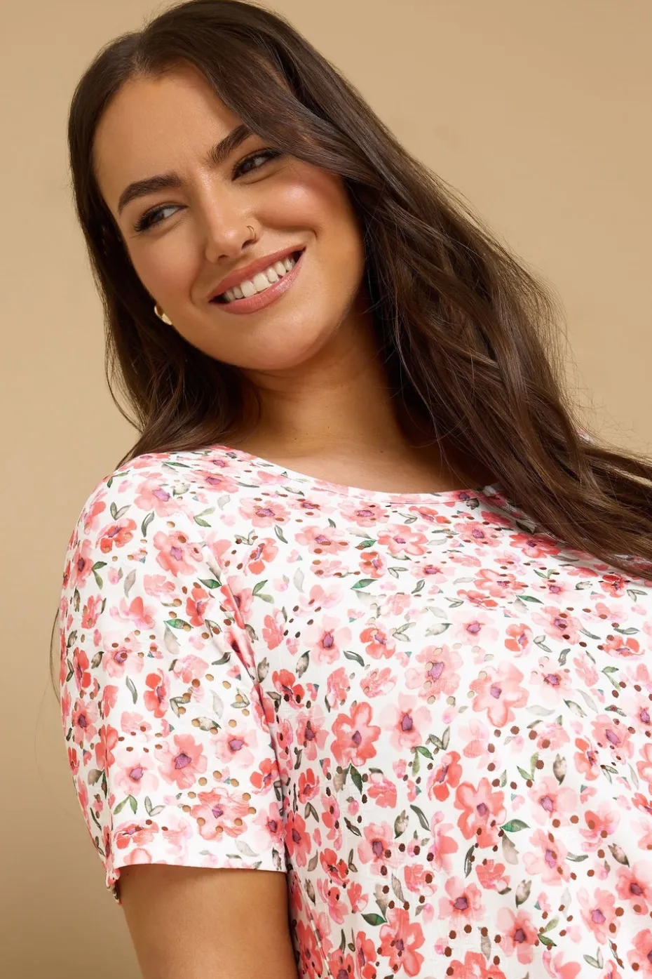 Yours Curve Pink Floral Print Broderie Anglaise T Shirt