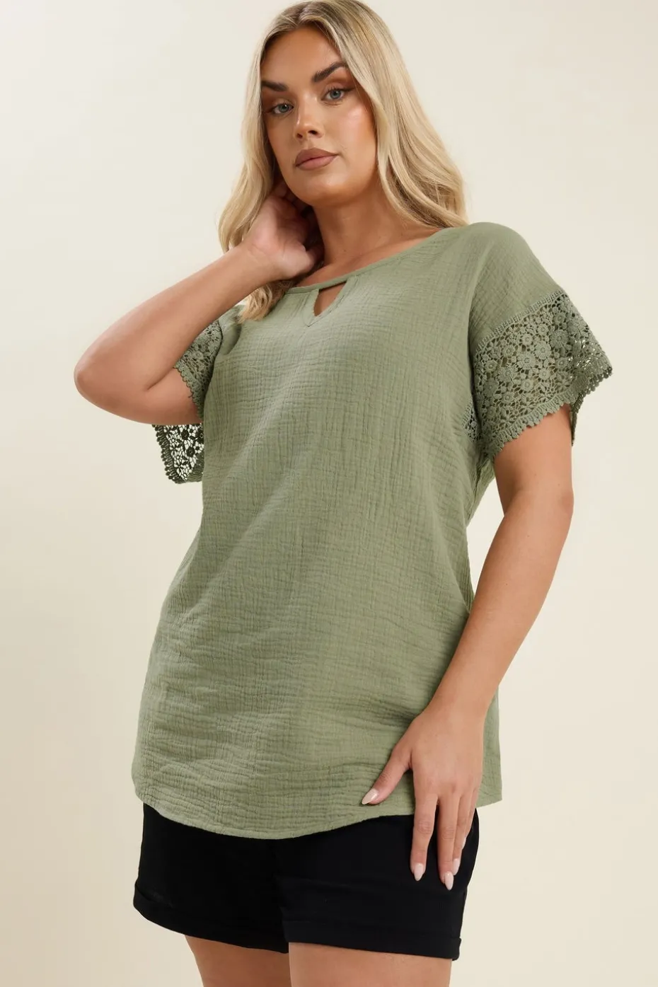 Yours Curve Sage Green Cheesecloth Crochet Top