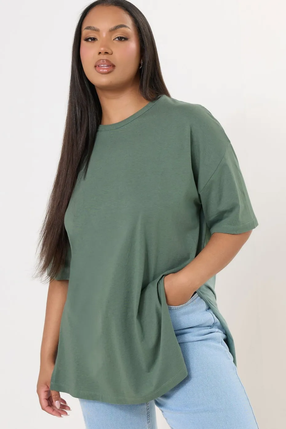 Yours Curve Sage Green Oversized Side Split T-Shirt