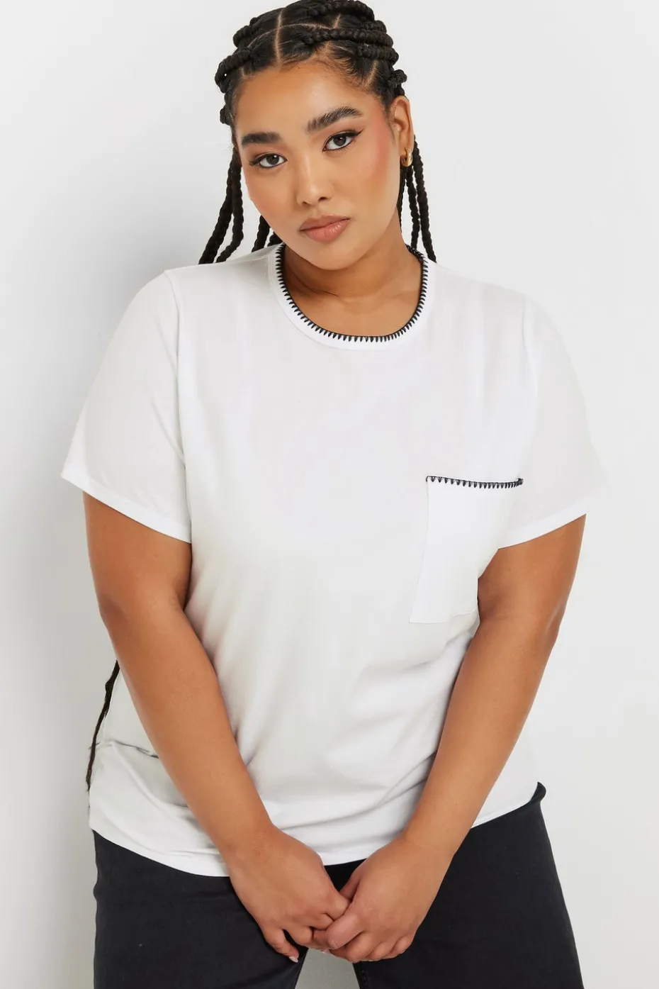 Yours Curve White Contrast Stitch Heavyweight Pocket T Shirt