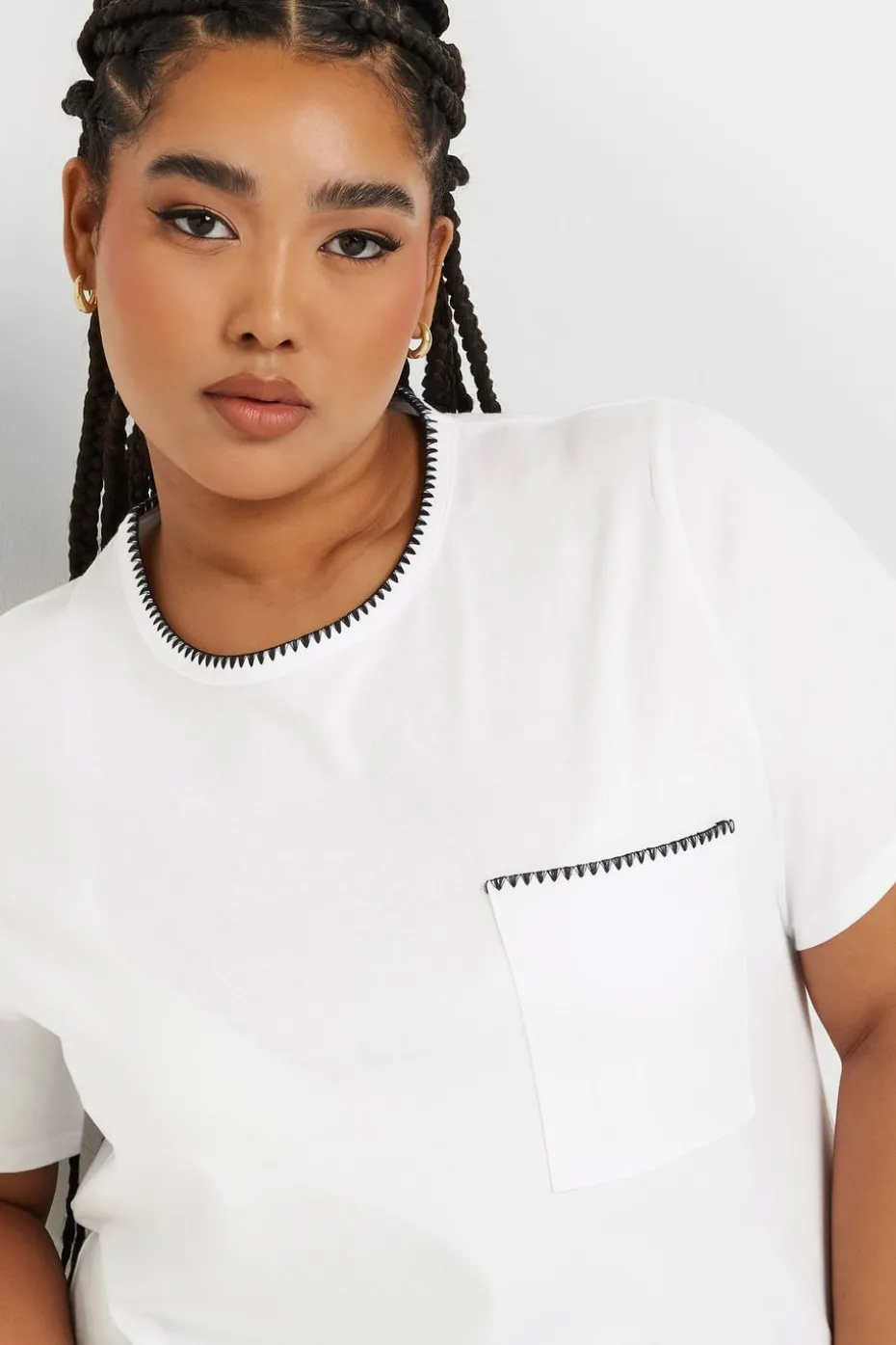 Yours Curve White Contrast Stitch Heavyweight Pocket T Shirt