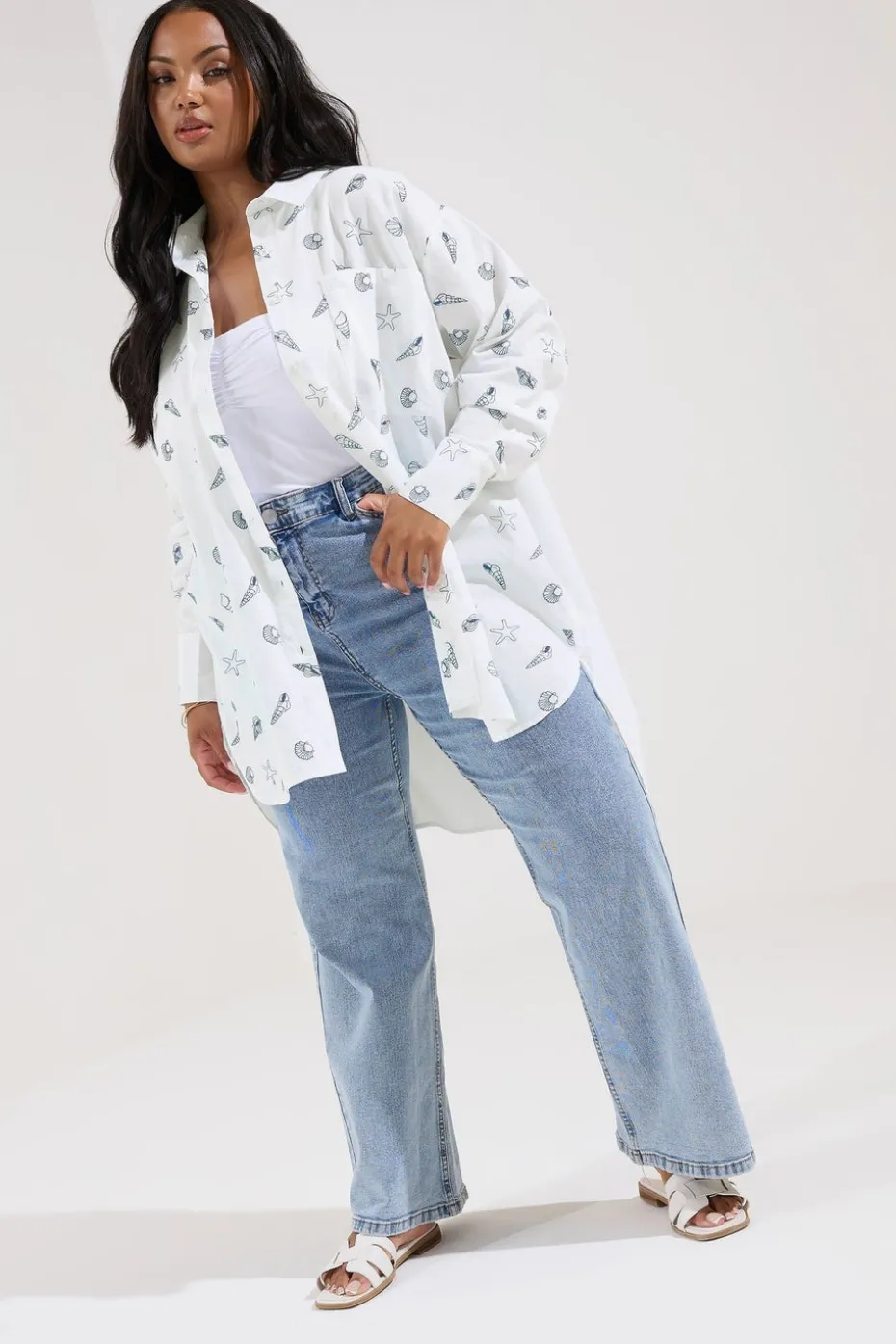 Yours Curve White Embroidered Seashell Oversized Shirt
