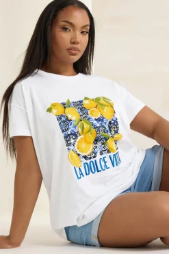 Yours Curve White 'La Dolce Vita' Lemon Graphic Oversized T-Shirt