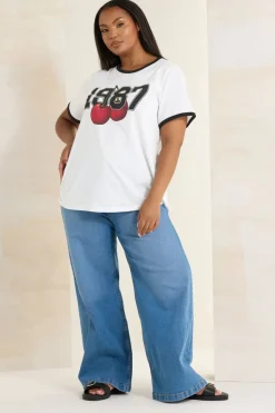 Yours Curve White '1987' Cherry Print T-Shirt