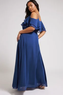 Yours London Curve Cobalt Blue Frill Cold Shoulder Maxi Dress