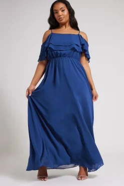 Yours London Curve Cobalt Blue Frill Cold Shoulder Maxi Dress