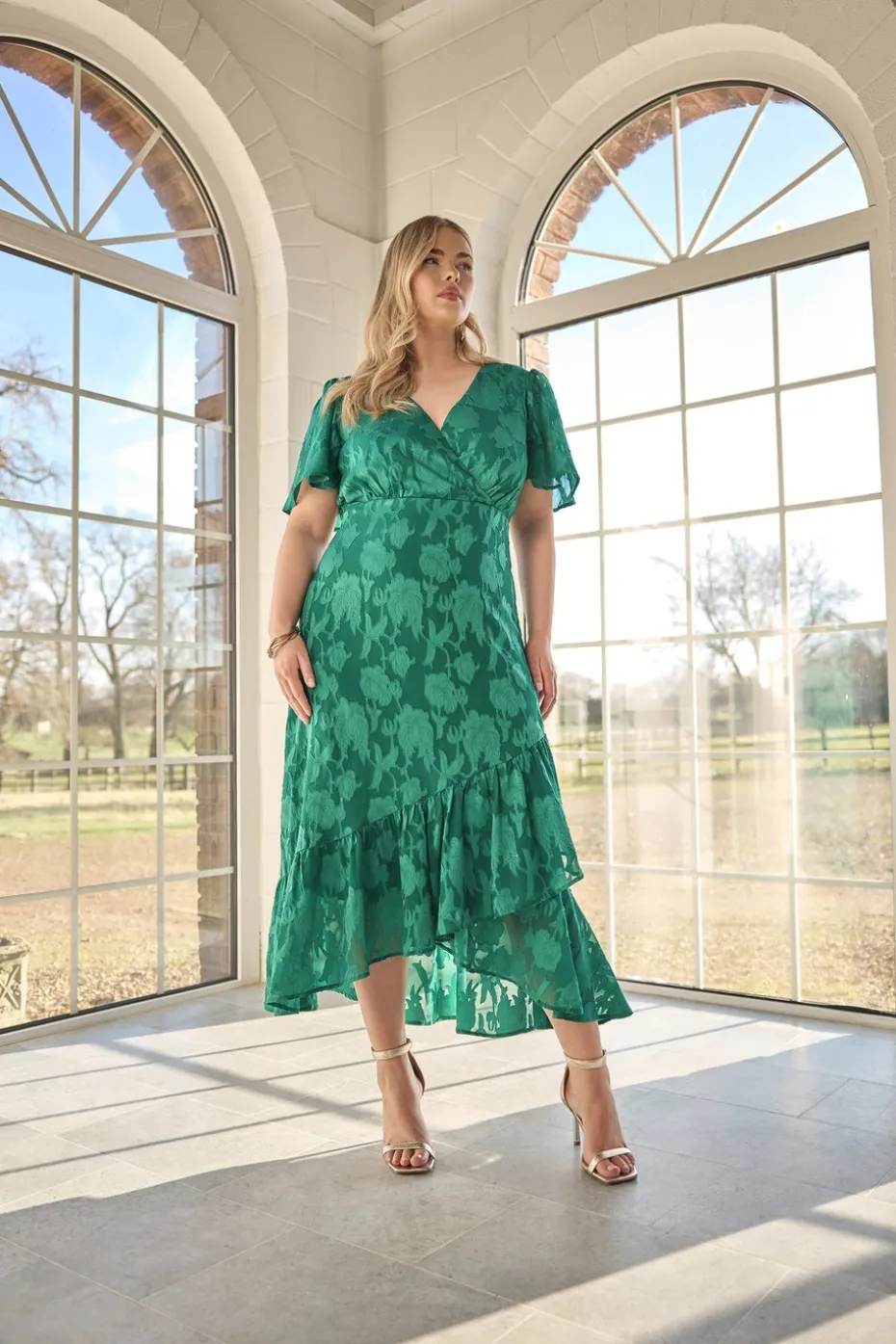 Yours London Curve Green Jacquard Floral Wrap Ruffle Hem Dress