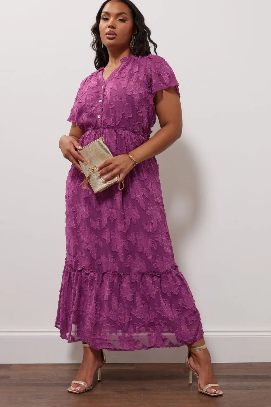 Yours London Curve Purple Burn Out Jacquard Ruffle Dress
