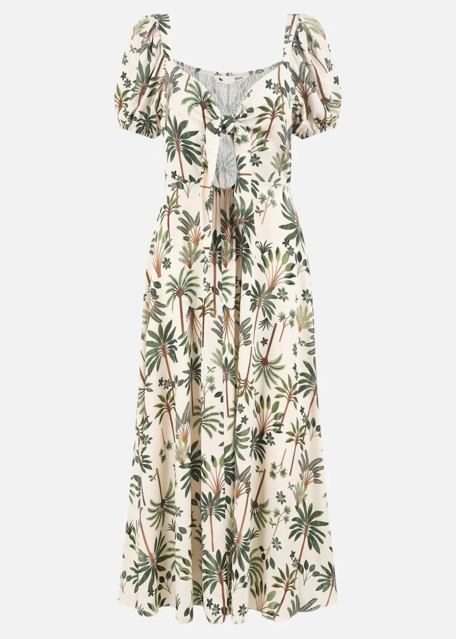 Yumi Beige Cotton Palm Print Ruched Midi Dress