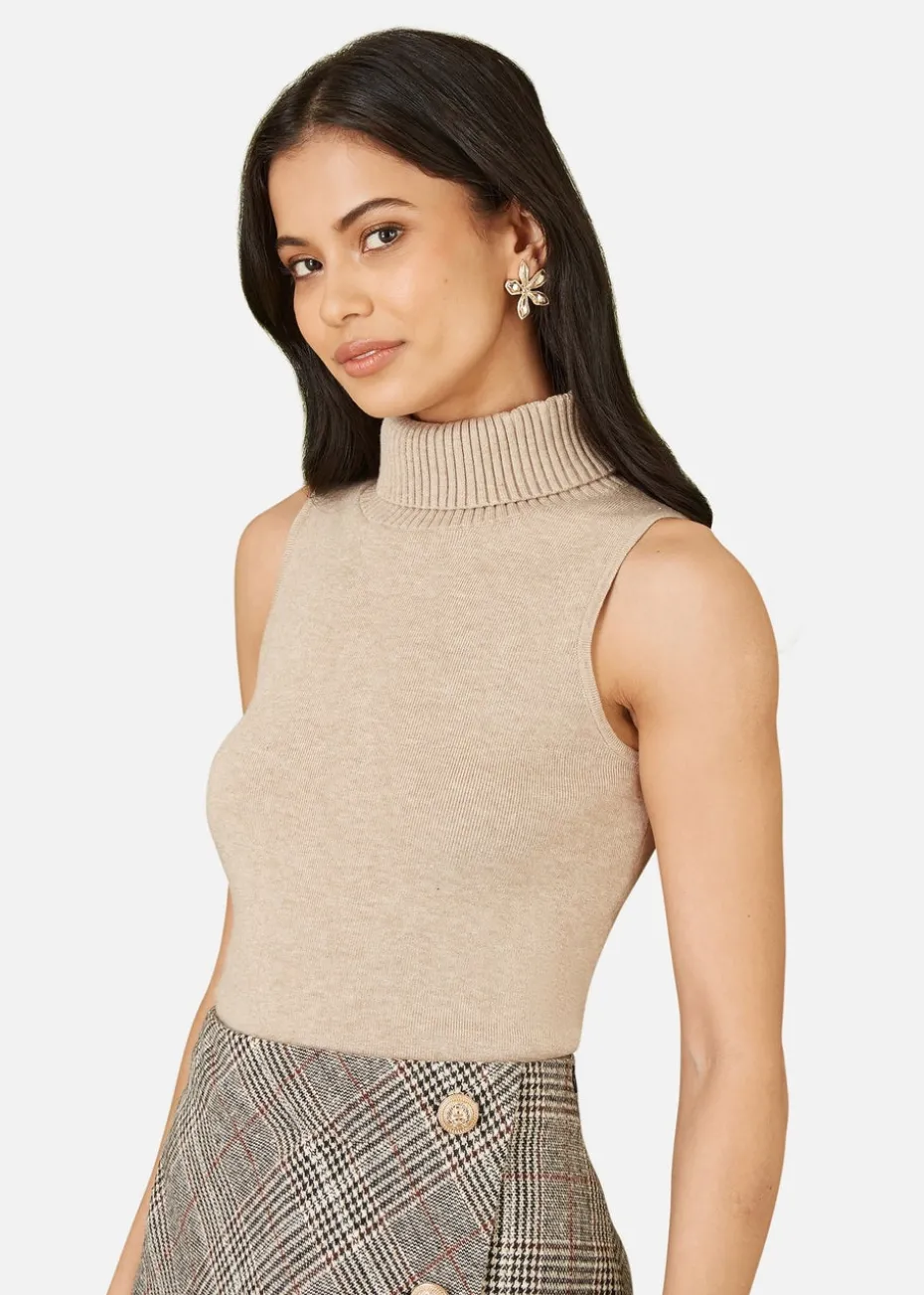 Yumi Beige Knitted Roll Neck Sleeveless Jumper