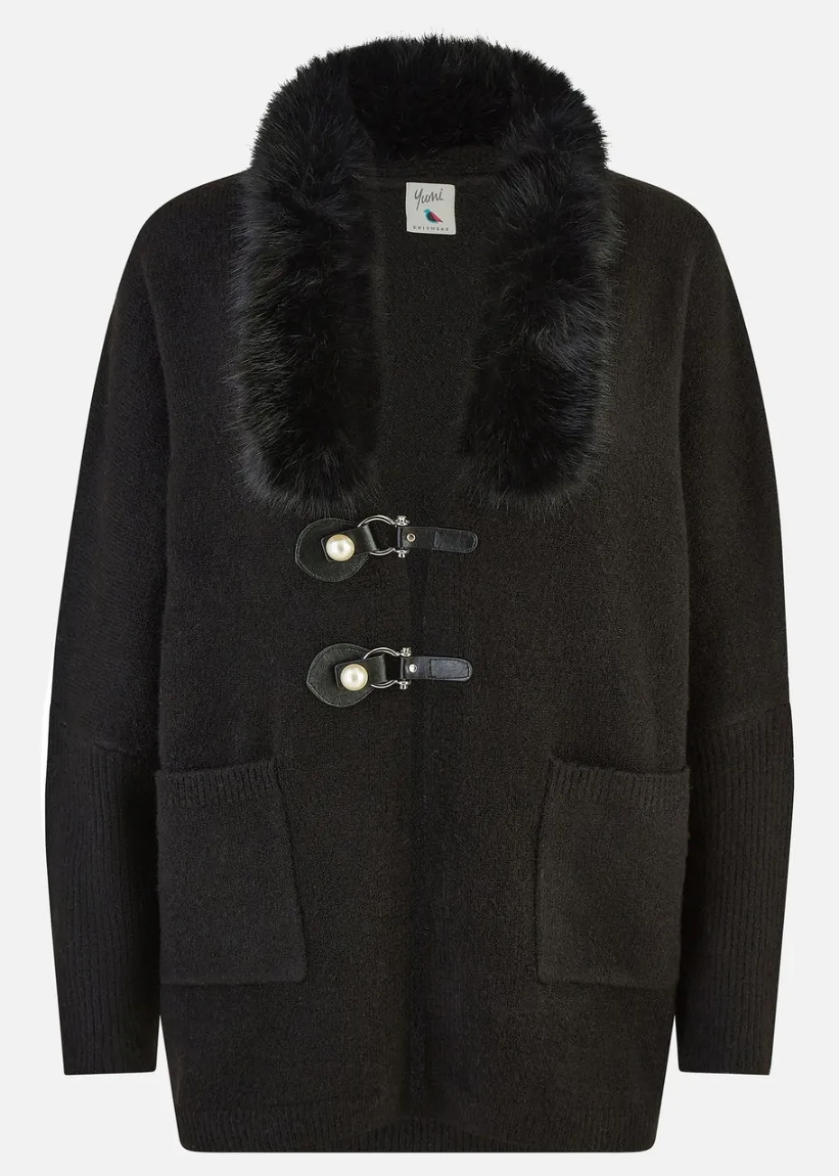 Yumi Black Cardigan With Detachable Fur Collar Trim