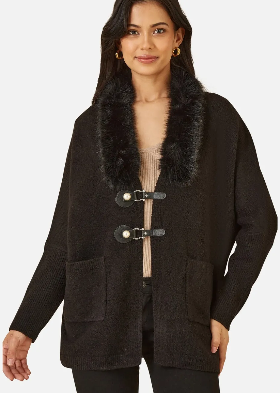 Yumi Black Cardigan With Detachable Fur Collar Trim