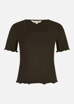 Yumi Black Cotton Jersey Lettuce Trim T-Shirt