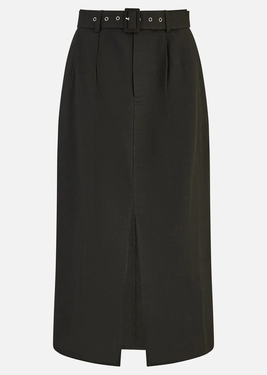 Yumi Black Cotton Midi Skirt With Belt And Split Hem