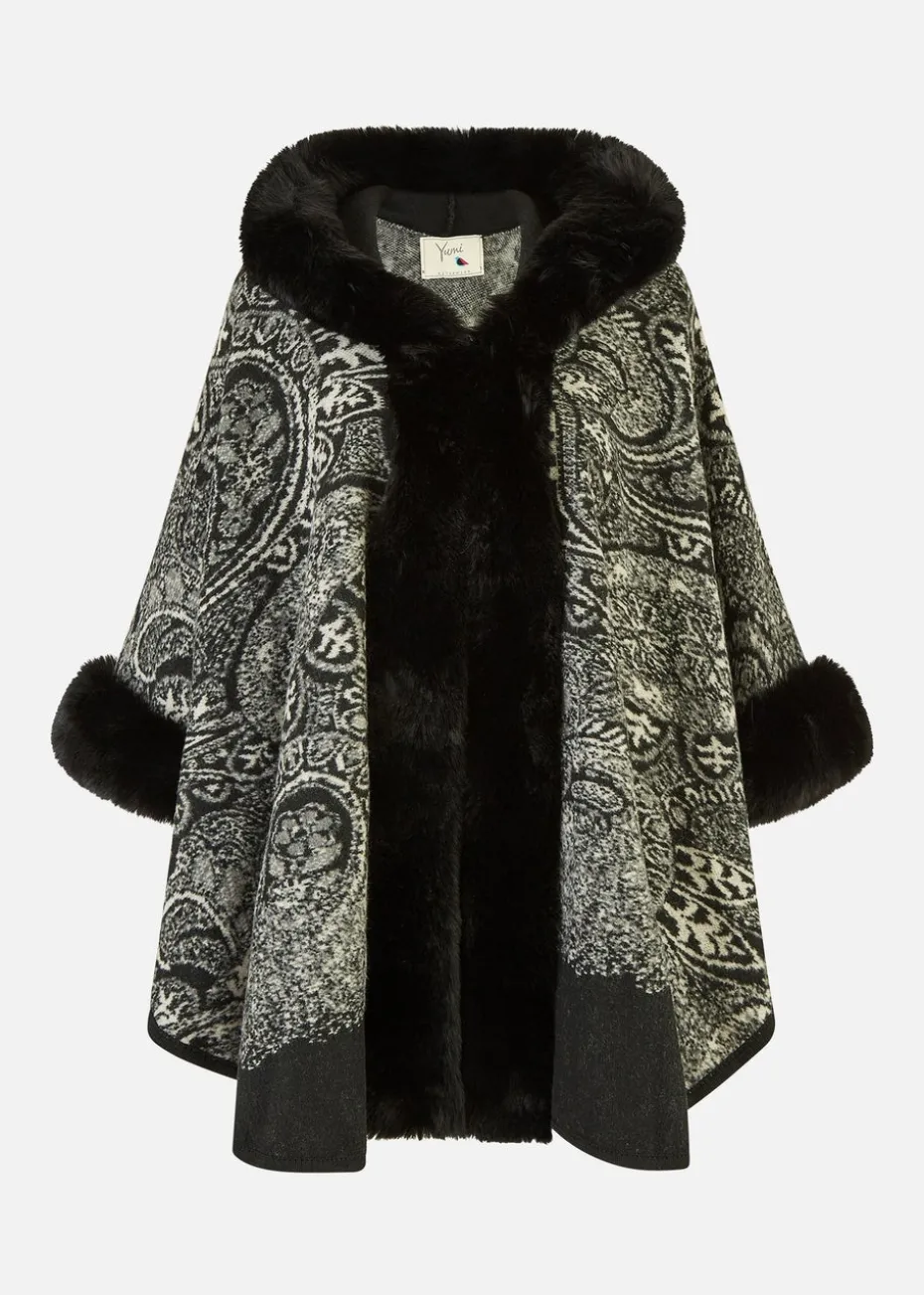 Yumi Black Faux Fur Trim Cape With Paisley Print