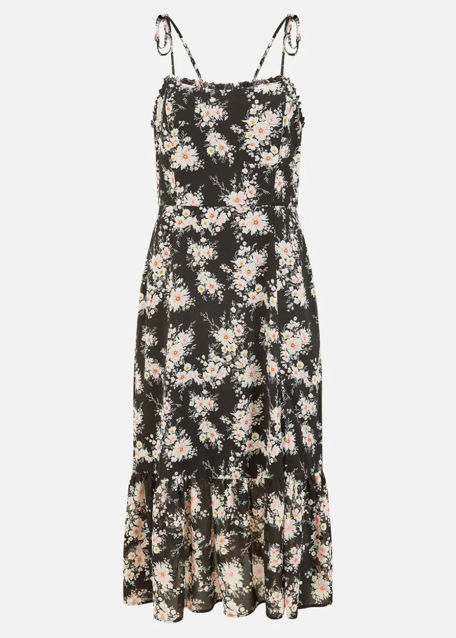 Yumi Black Floral Midi Sundress With Split Hem