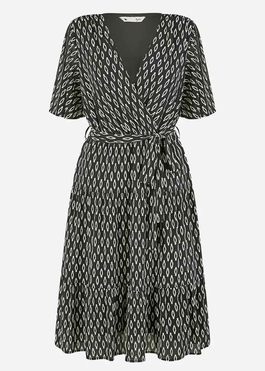 Yumi Black Geo Print Mesh Stretch Midi Skater Dress