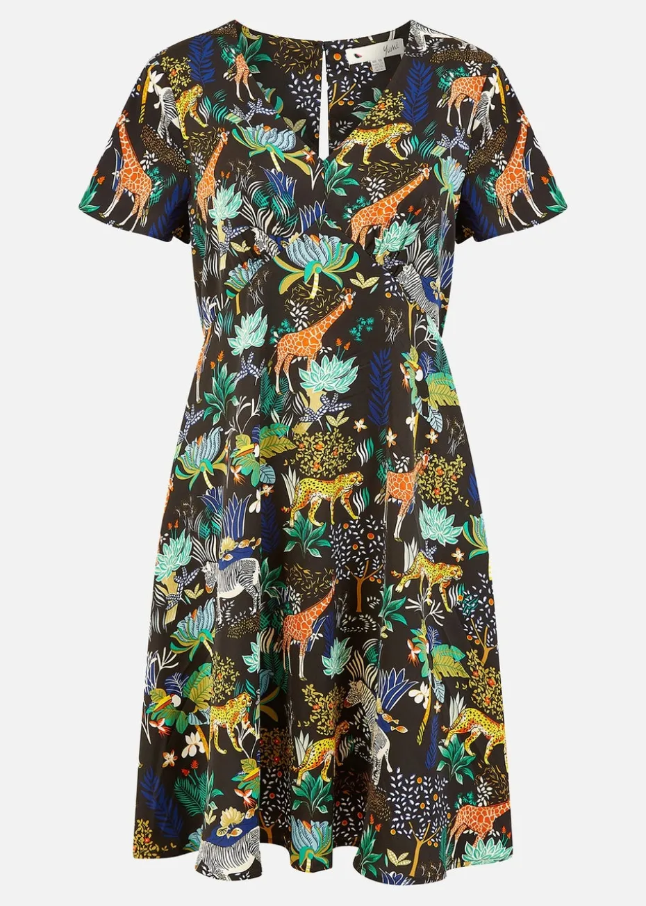 Yumi Black Jungle Print Skater Dress