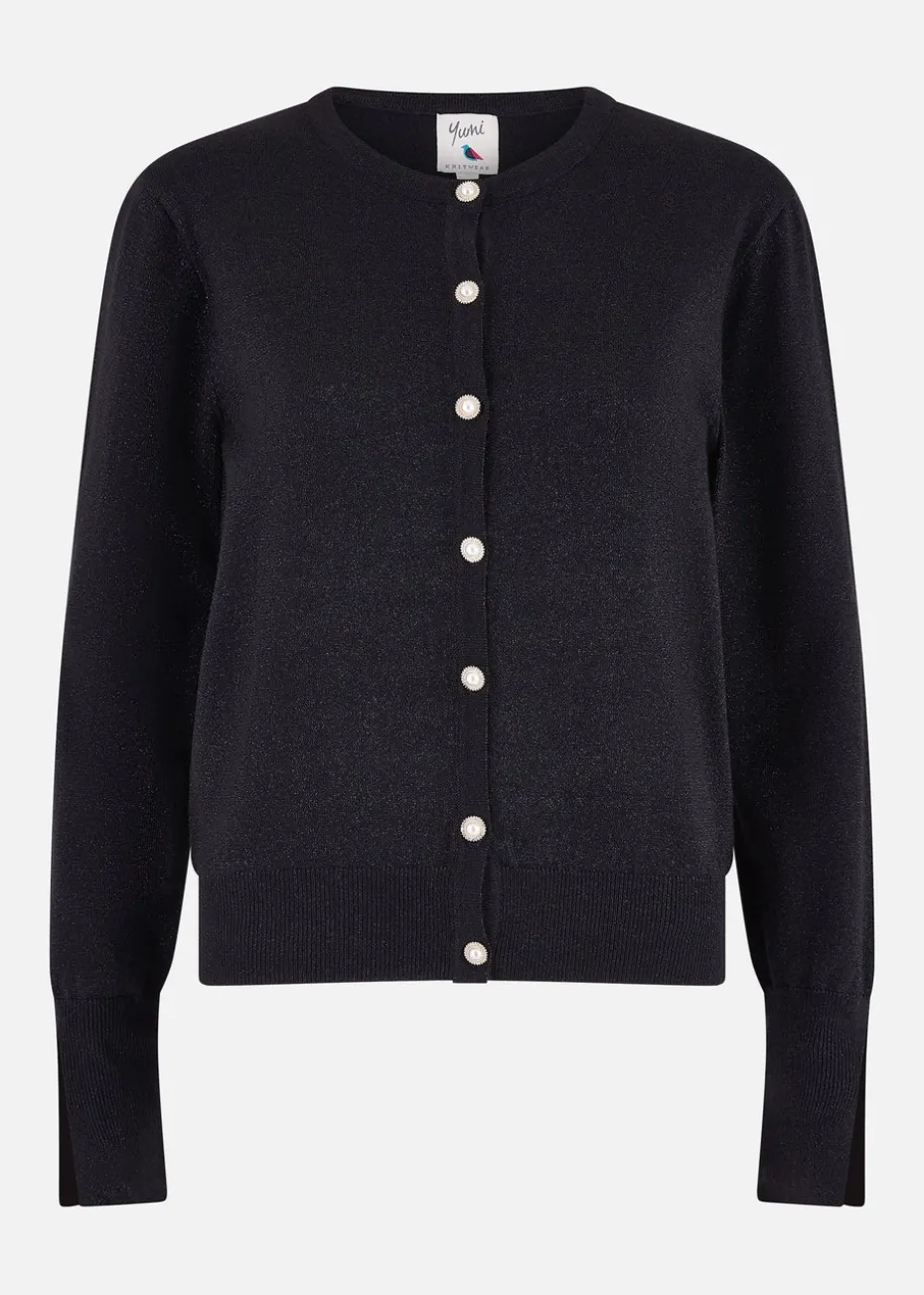 Yumi Black Metallic Knit Cardigan With Pearl Button Details