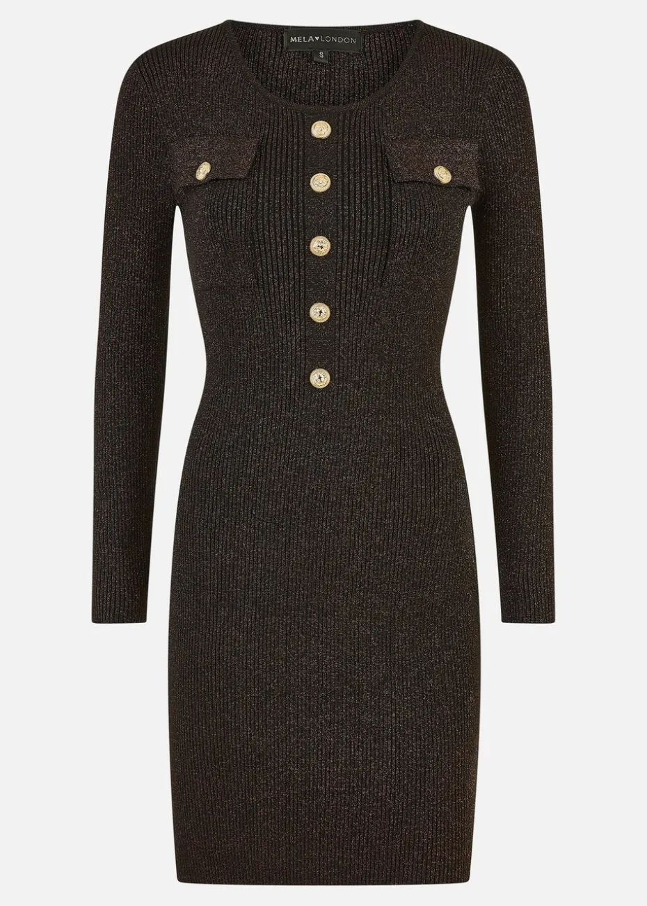Yumi Black Metallic Military Fitted Knitted Dress