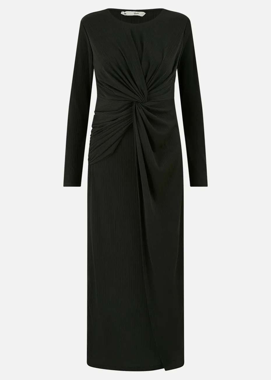 Yumi Black Midi Fitted Stretch Dress With Knot Detail