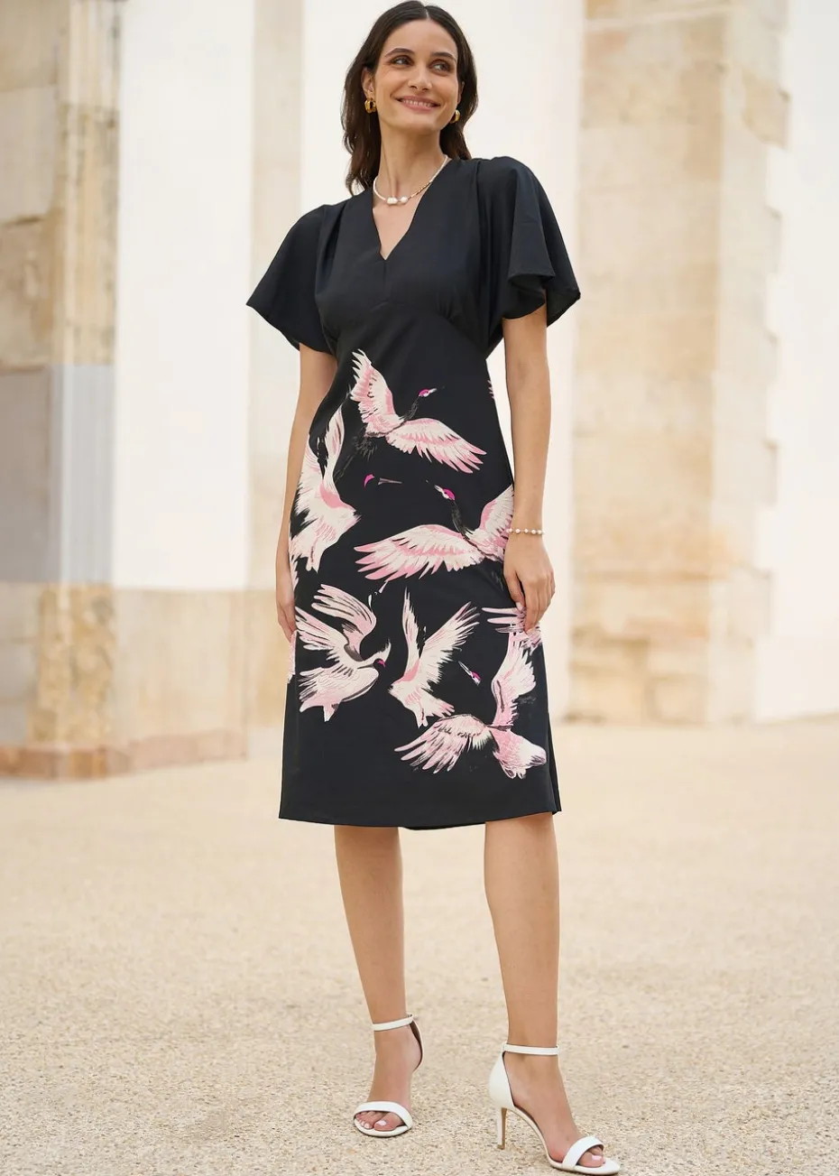 Yumi Black Recycled Fabric Crane Print Kimono Midi Dress