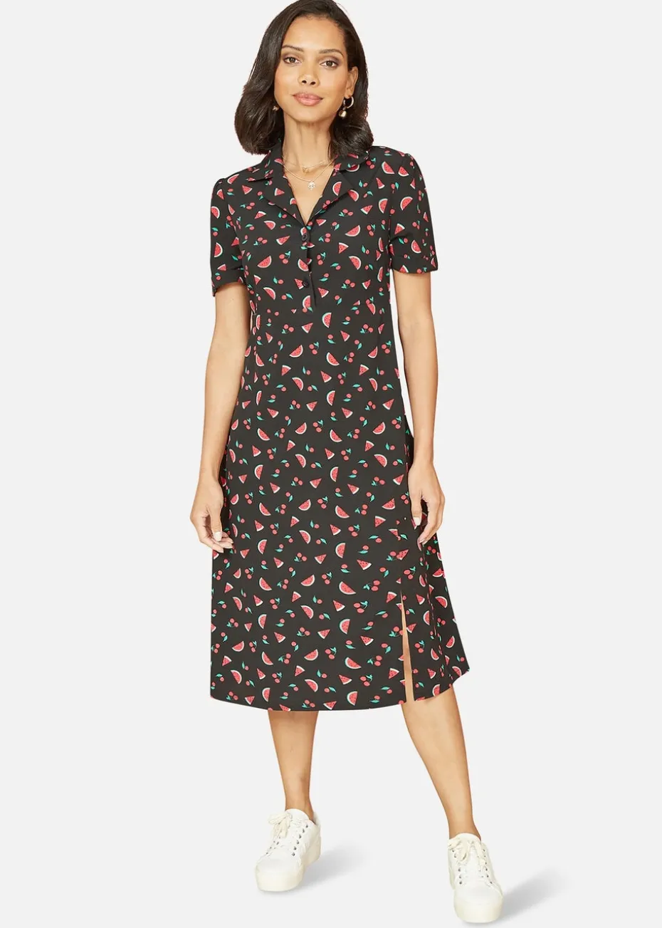 Yumi Black Recycled Watermelon Print Shirt Dress With Side Split