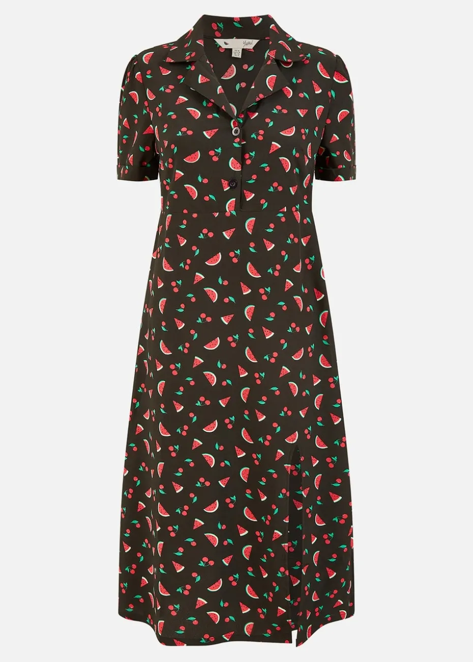 Yumi Black Recycled Watermelon Print Shirt Dress With Side Split