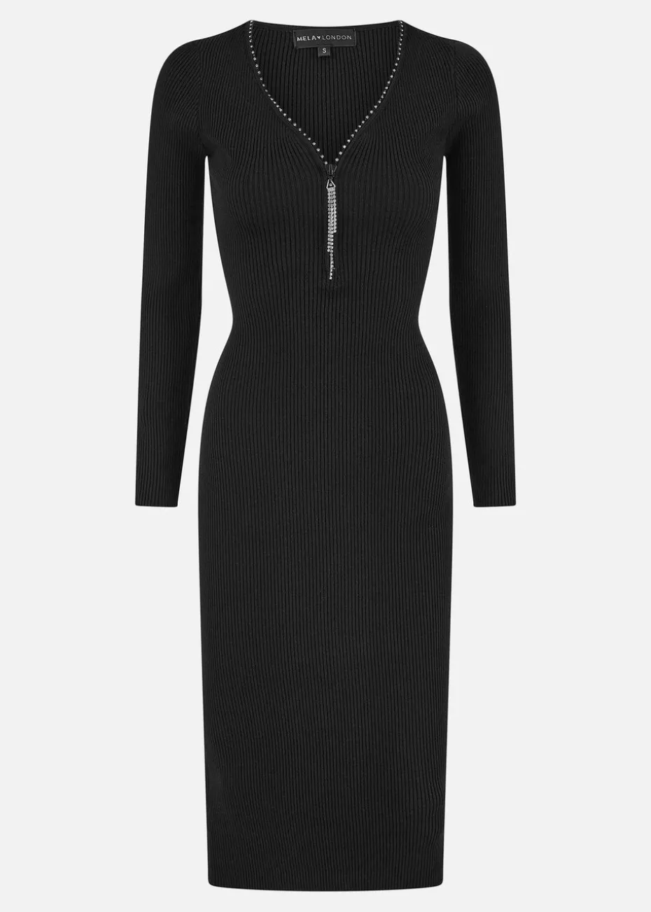 Yumi Black Rib Fitted Midi Dress With Diamante Detail Zip Neckline