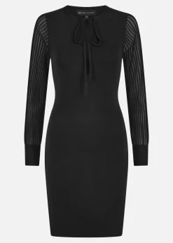 Yumi Black Rib Knit Fitted Dress With Sheer Sleeve Design