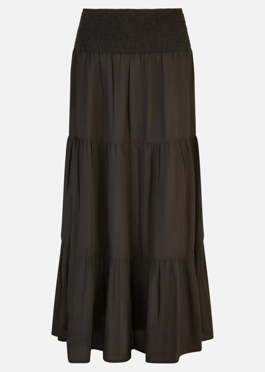 Yumi Black Ruched Waist Tiered Midi Skirt