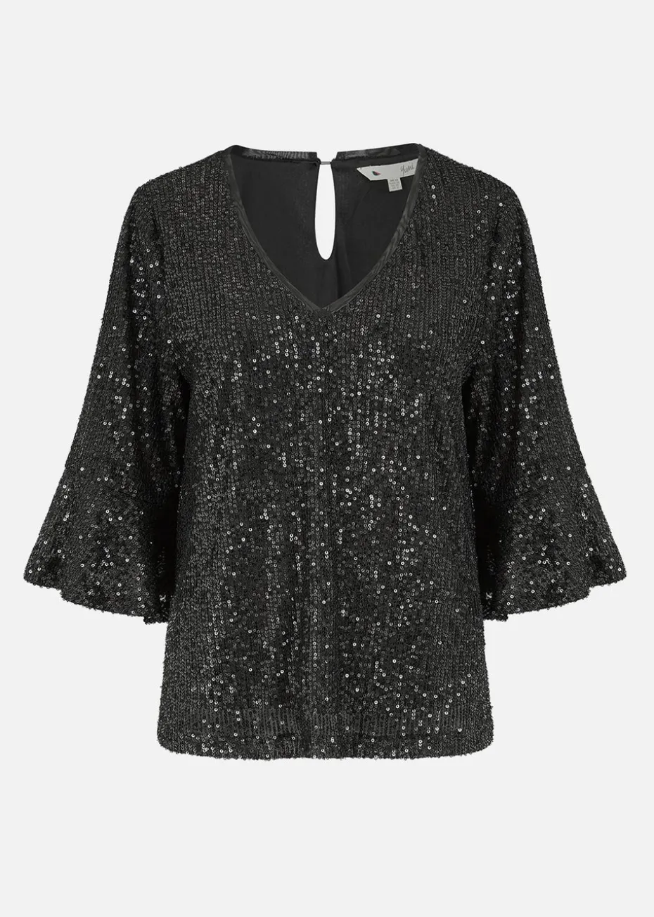Yumi Black Sequin Top With Fluted Sleeve