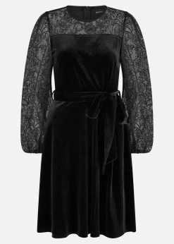 Yumi Black Velvet Skater Dress With Lace Sleeves