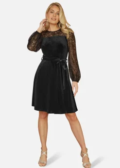 Yumi Black Velvet Skater Dress With Lace Sleeves