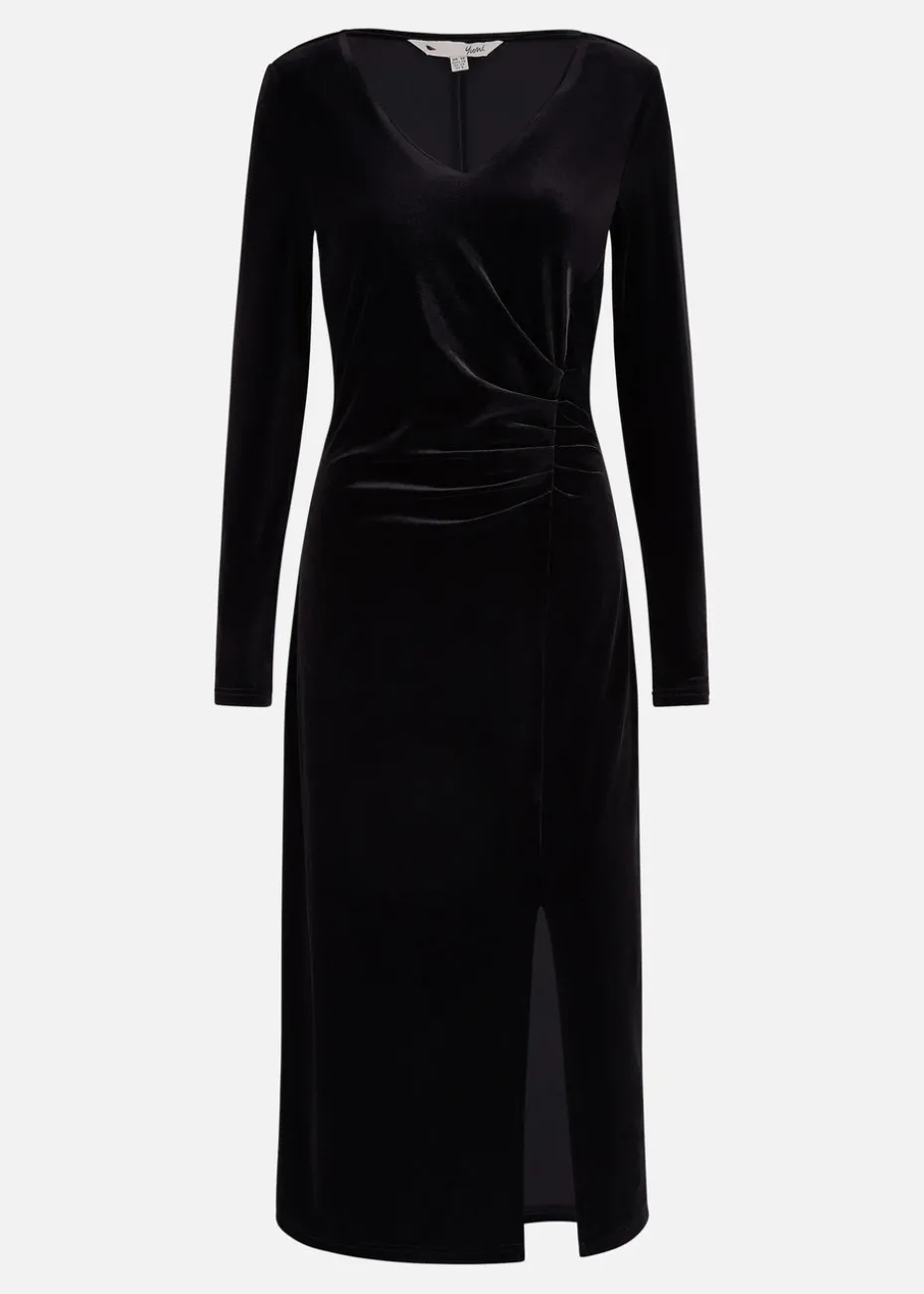 Yumi Black Velvet V Neck Fitted Ruched Midi Dress