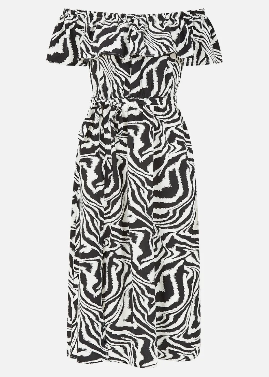 Yumi Black Zebra Print Bardot Dress