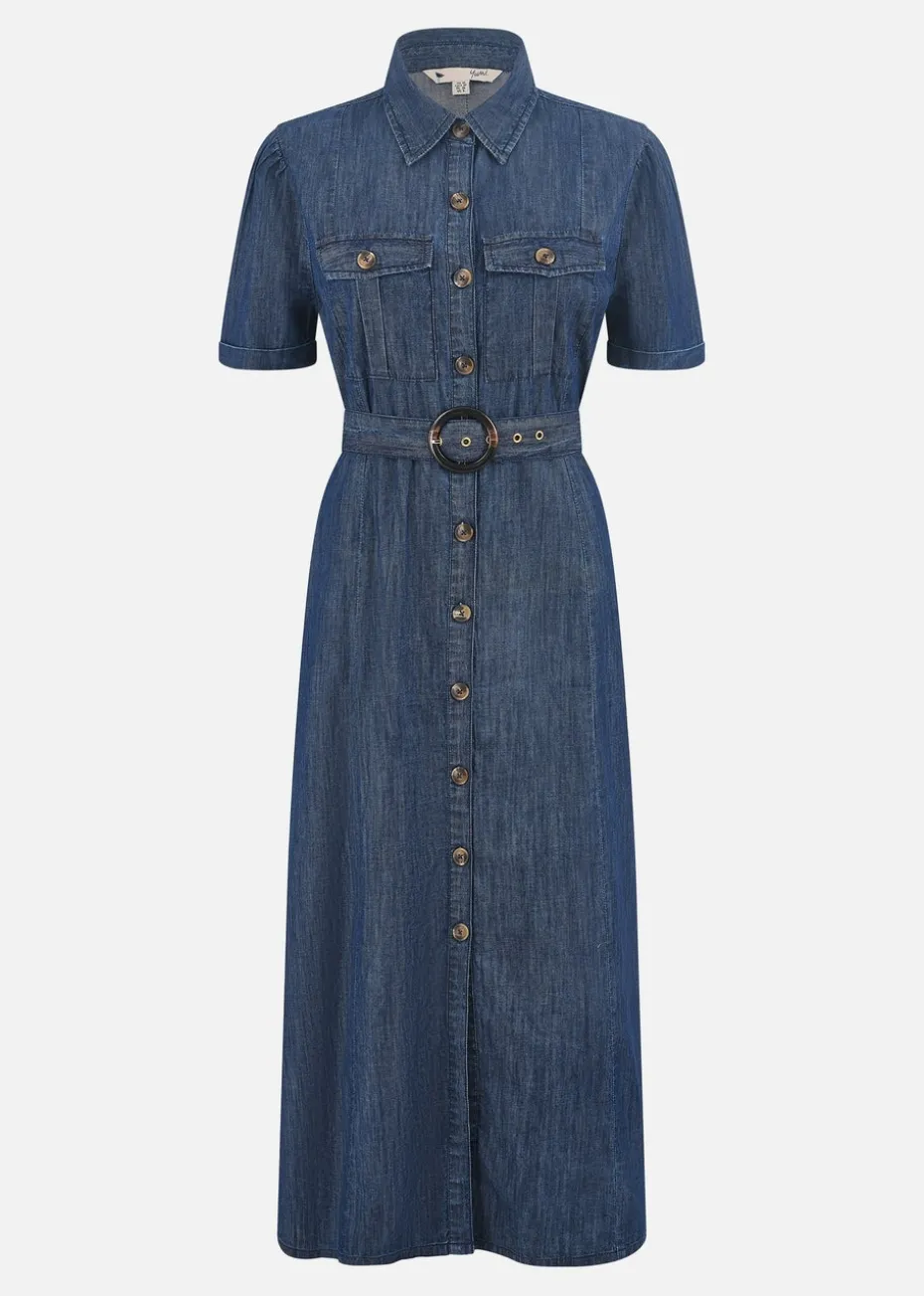 Yumi Blue Chambray Utility Midi Denim Shirt Dress