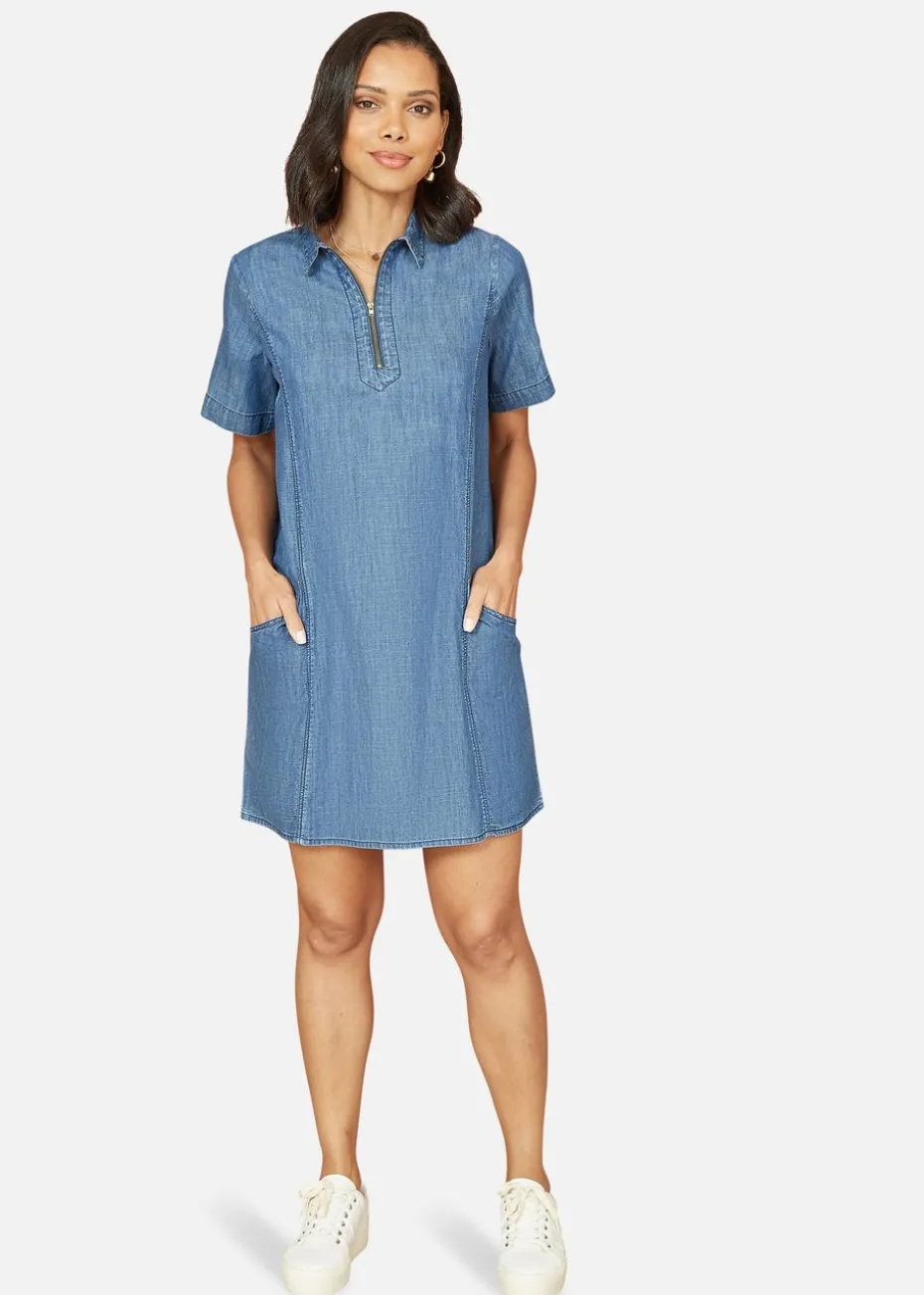 Yumi Blue Cotton Chambray Tunic With Zip Neckline