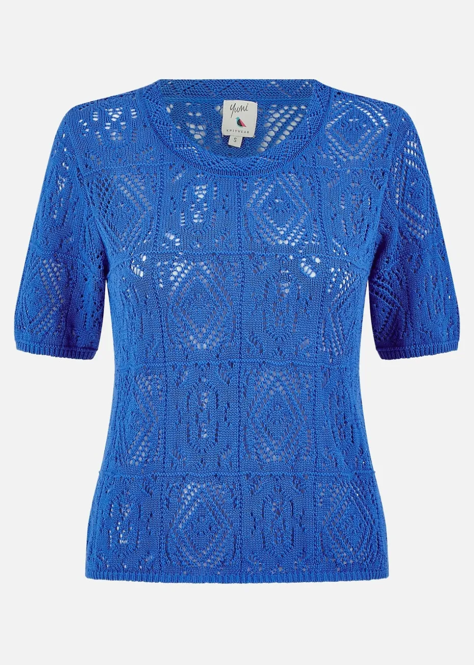 Yumi Blue Cotton Crochet Knitted Top