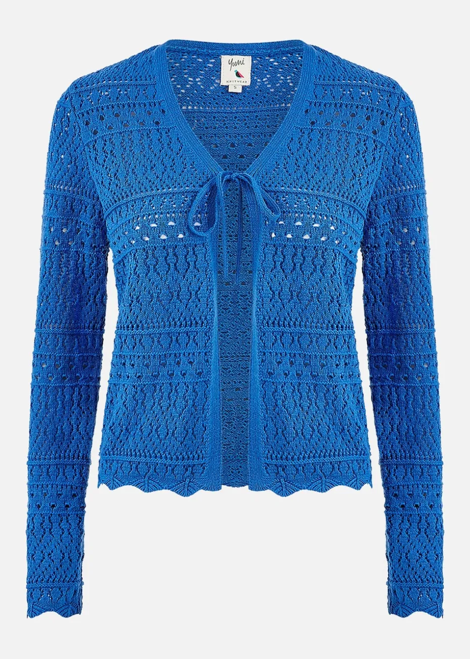 Yumi Blue Crochet Tie Front Cardigan