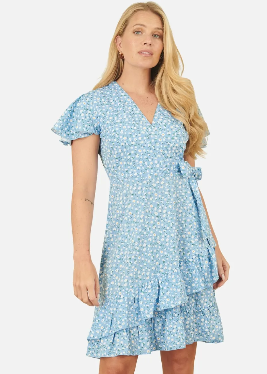 Yumi Blue Ditsy Floral Wrap Frill Dress