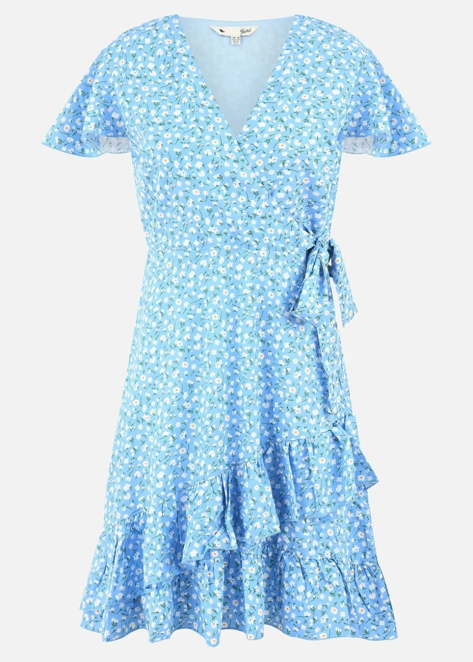 Yumi Blue Ditsy Floral Wrap Frill Dress