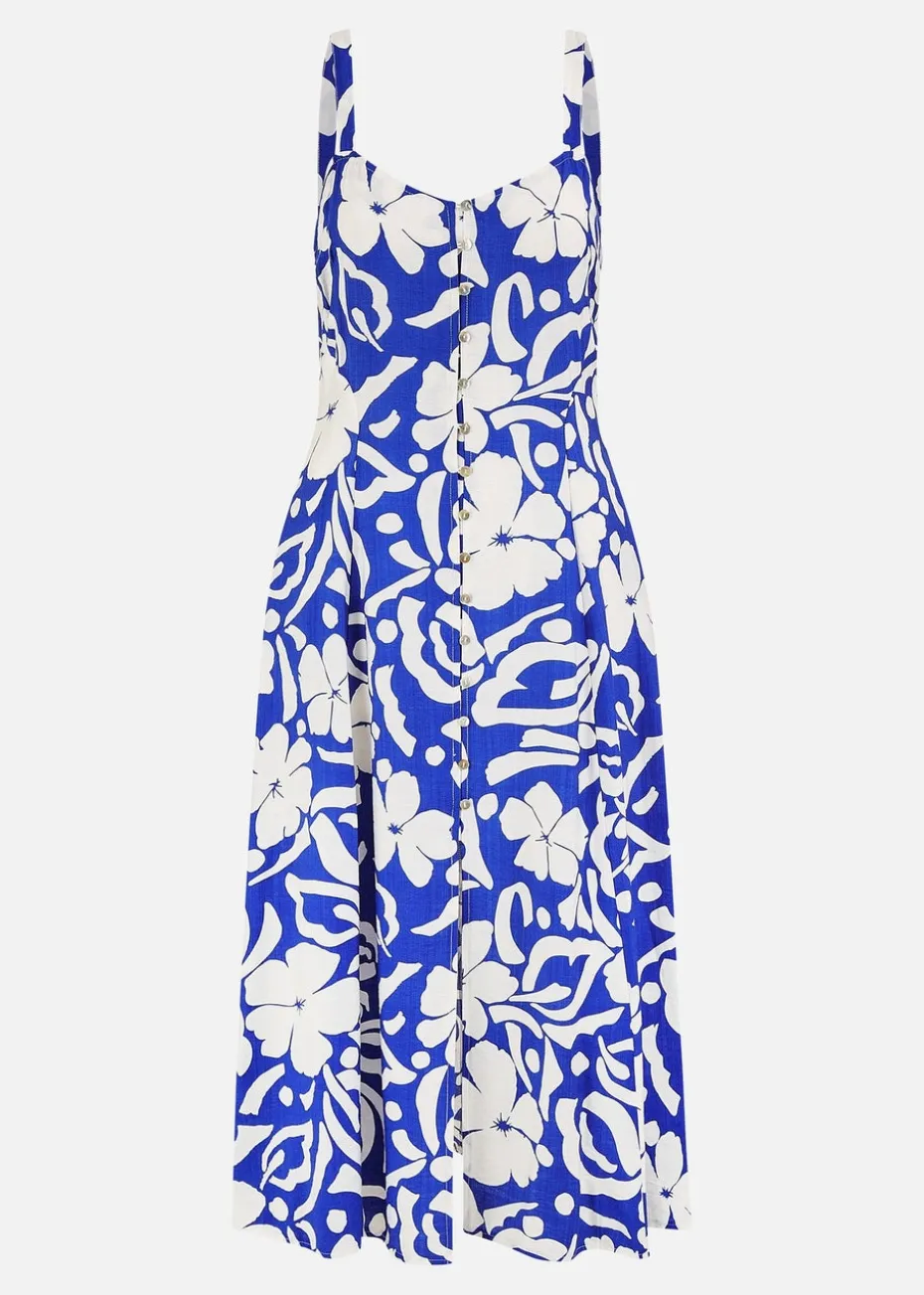 Yumi Blue Floral Button Through Midi Dress